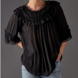 By Anthropologie Ruffled Blouse Black M Medium Button Back Viscose Lace Detail